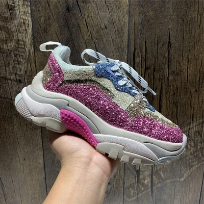 Pink Mcacchi/разноцветные кроссовки; коллекция года; Лидер продаж; женские кроссовки на нескользящей платформе, украшенные блестками; обувь на шнуровке, увеличивающая рост; обувь из сетчатого материала с блестками - Цвет: Pink