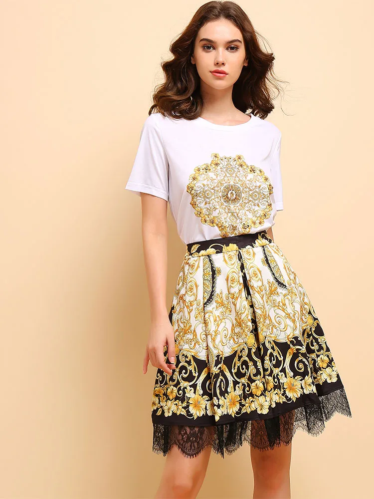 Многоцветный LD LINDA DELLA Fashion Spring Summer Suits Women's Elegant Short Sleeve Beading T-shirt+Vintage Floral Printed Skirt 2Pieces Set - Цвет: Многоцветный