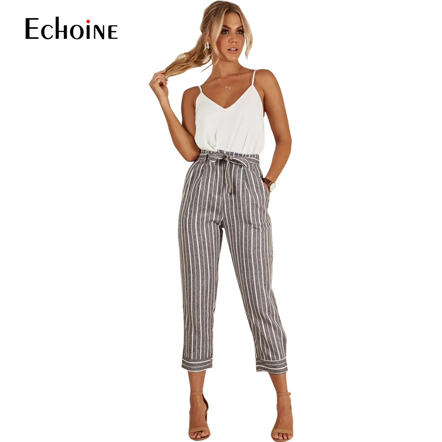 Женские прямые брюки в полоску серые офисные до щиколотки с высокой талией