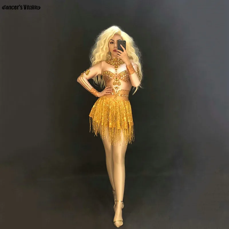 

Блестящий Комбинезон со стразами и золотыми кисточками, женский боди для певицы, женская одежда для вечеринок, DJ, цельная юбка для танцев DS