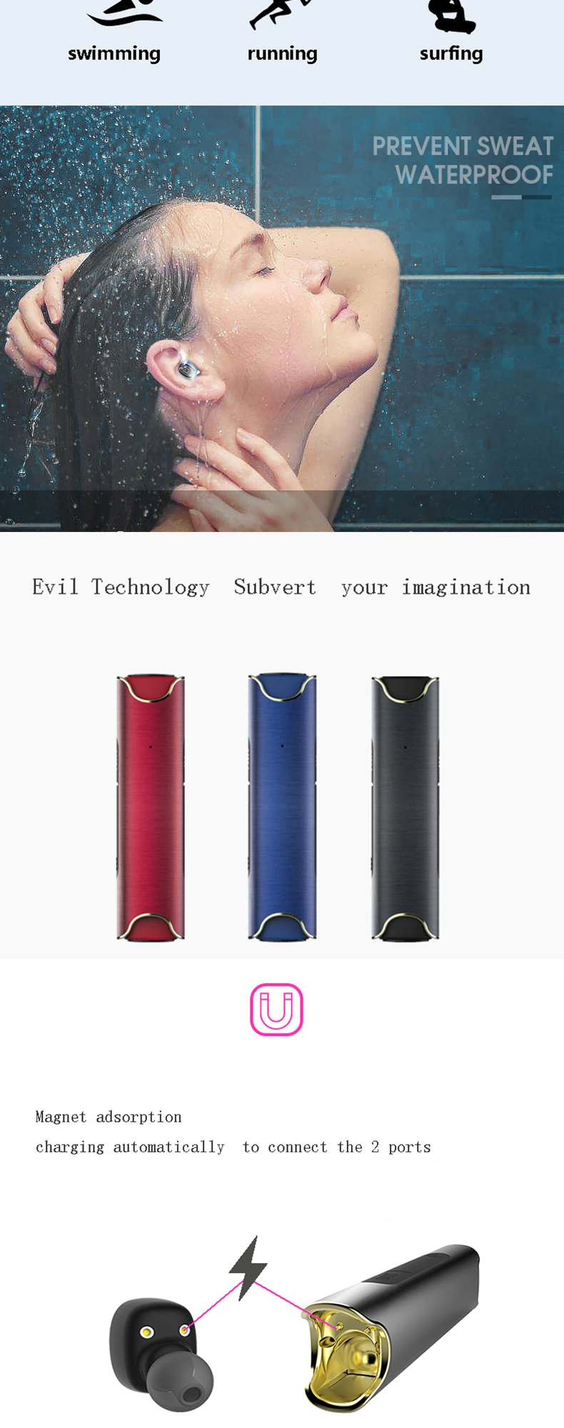 EXRIZU гарнитура Bluetooth и Мощность банк двойной Близнецы стерео Беспроводной наушники вкладыши Магнитная HIFI Музыка динамик для телефона iPhone 7