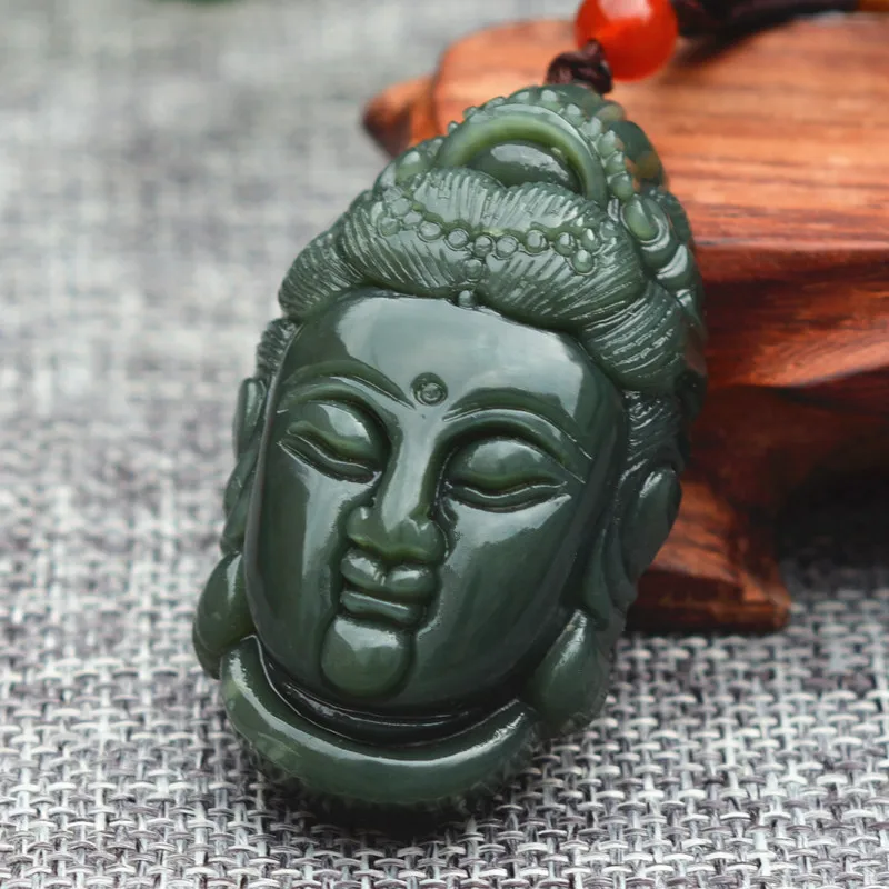 Натуральный зеленый HETIAN Jades кулон ожерелье резные Гуаньинь Bodhisattva Patron saint мужские