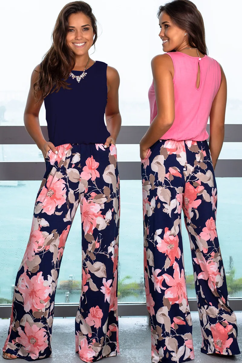 

Casual Woman Long Jumpsuit 2019 New Fashion Girl Bodysuit Loose Shivering Sleeveless Solid Color Top Printed Loose Leg Jumpsuit