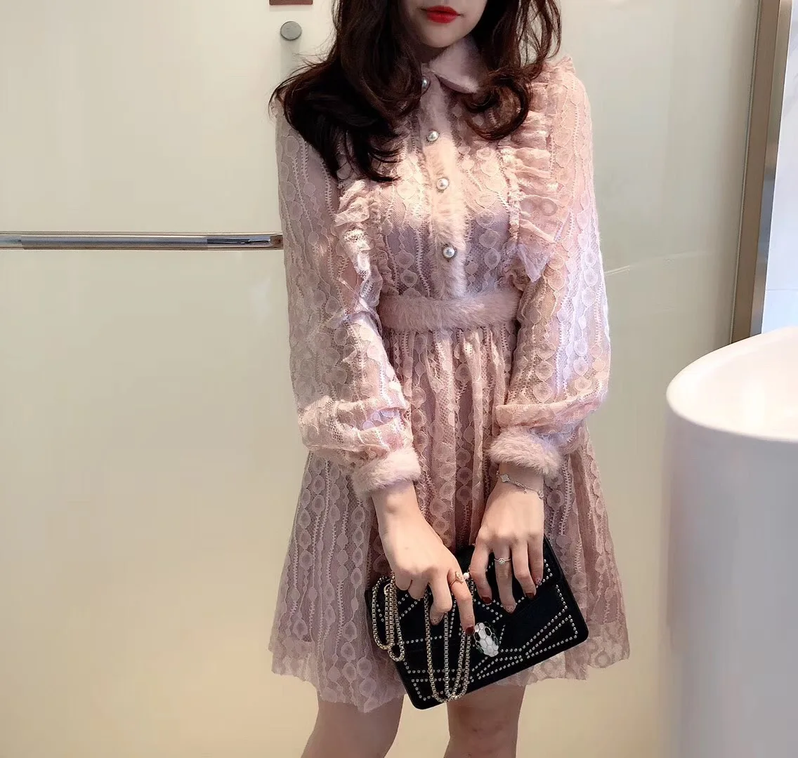 

Lace Dress Special Offer Mesh A-line Solid Full Regular 2019 Spring New Fashion Mink Stitching Lace Elastic Waist Dress Woman