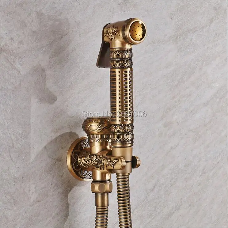 

Free shipping Good Quality Antique Brass Bathroom Bidet Faucet Flower Carved Design Home Clearing Hand Shower Mop Faucet GI140