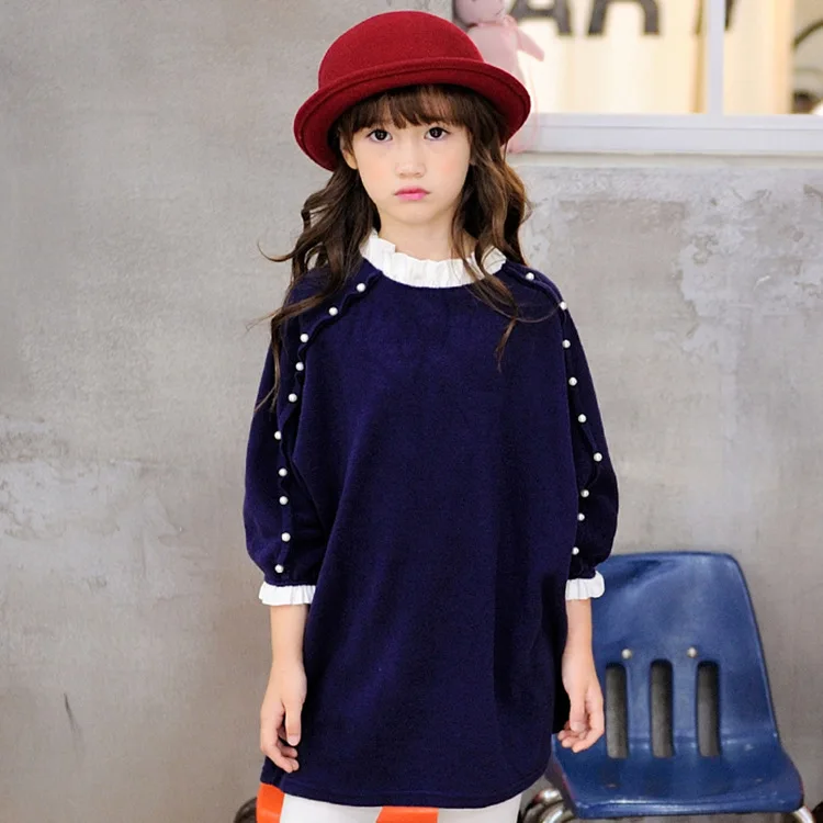 

2018 Girl Autumn loose Dress 100% Cotton Kids Pearls Long Sleeves Dresses teenage girls clothing For 3-14 Years