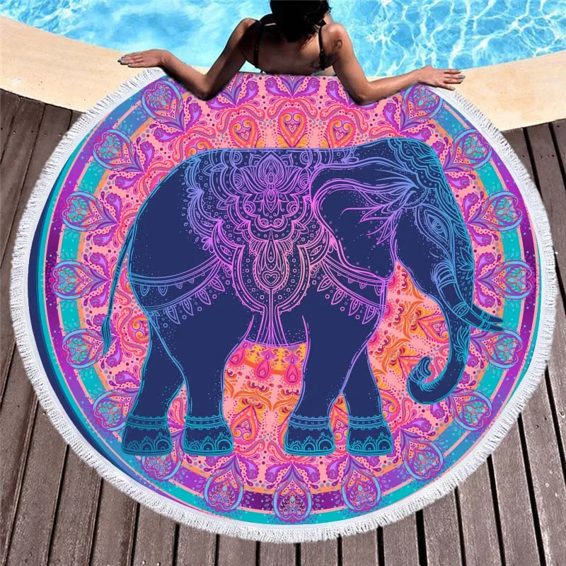 Sun Elephant Printed Mandala Large Round Microfiber Beach Towel for Adults Kids Blankets with Tassels Summer Bikini Cover Up Mat | Дом и сад