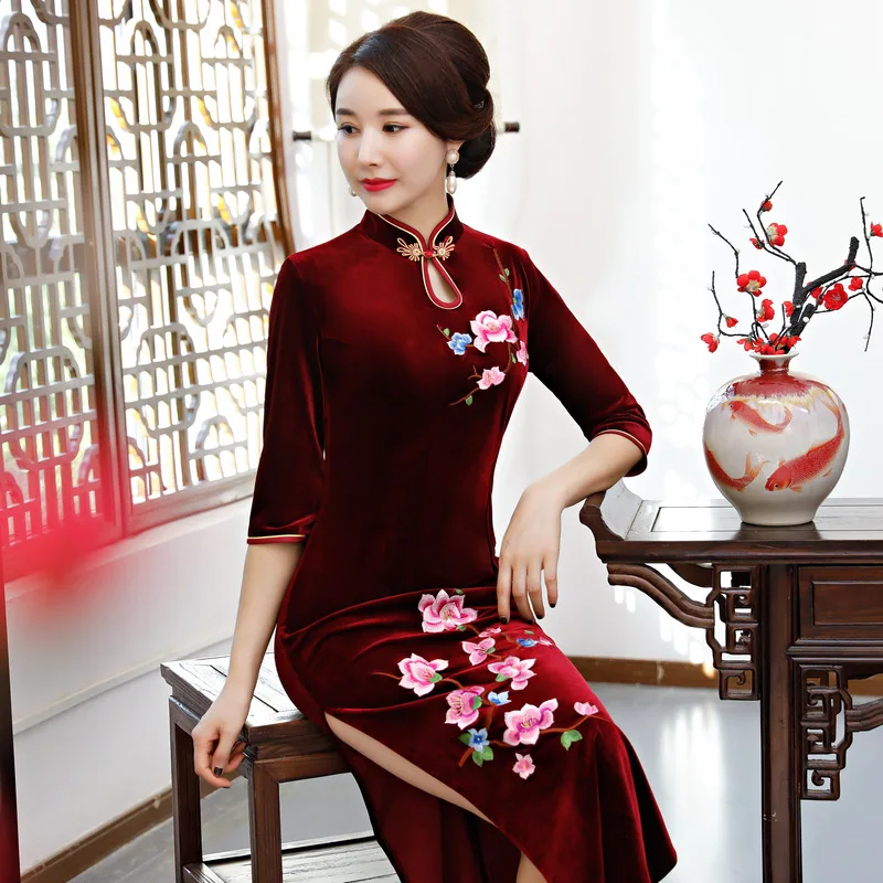 Бургундия Лилия вышивка китайский женский зимний/Auturm бархат cheongsam QiPao винтажное