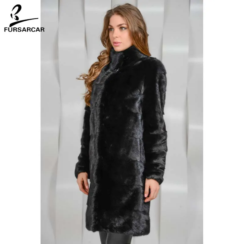 FURSARCAR/Новинка пальто из натурального меха норки с меховым воротником модная
