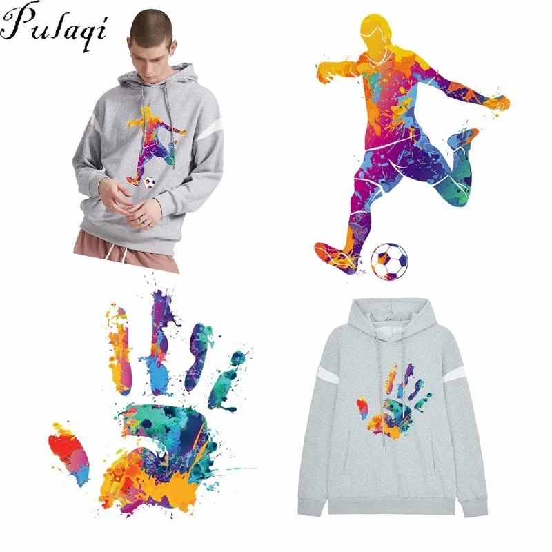 

Pulaqi Colorful Hand Football Man Patches Iron On Transfer For T-Shirts Heat Thermal Transfers Patch Decor For Clothes Sticker F