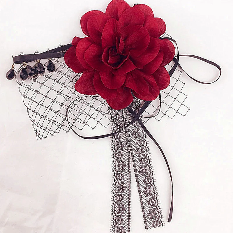 Halloween Black Lace Covered Veil Red Rose Death Headpieces Sexy Ball Half Face Mesh Headband |