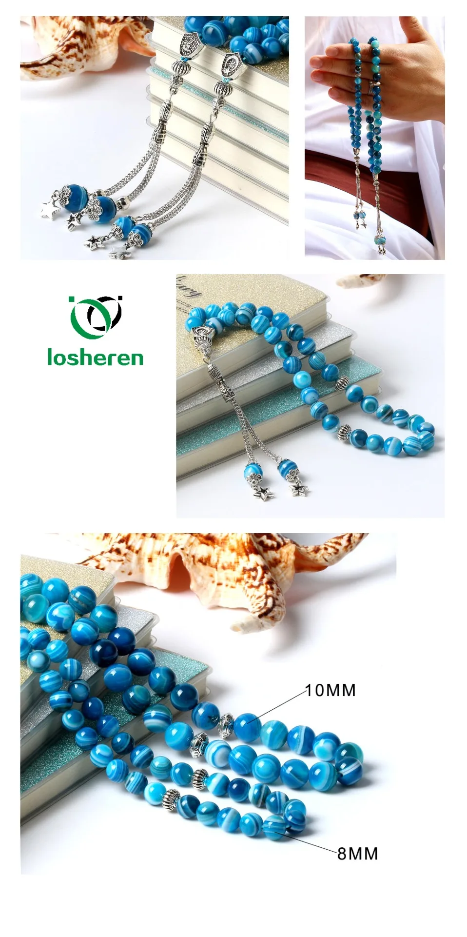 LOSHEREN Стиль мусульманские четки натуральный Агаты камень браслеты ислам Tasbih молитвенные бусы 33 Misbaha ювелирные изделия