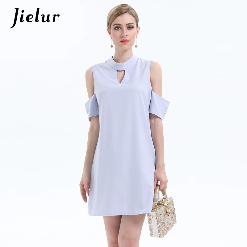 

Jielur Summer Fashion Loose Female Dresses Solid Color Hollow Out Chiffon Casual Women Dress Elegant Office Lady Vestidos S-XL