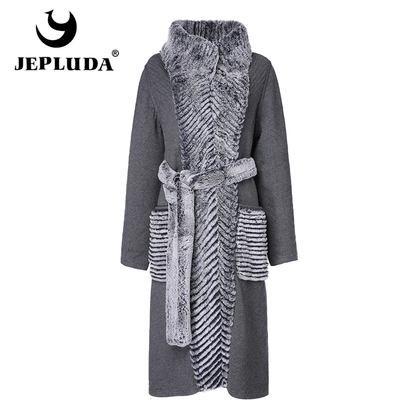JEPLUDA New Real Fur Coat Double-sided Wool Blends Cloak Knitting Natural Rex Rabbit Genuine Leather Jacket Women | Женская одежда
