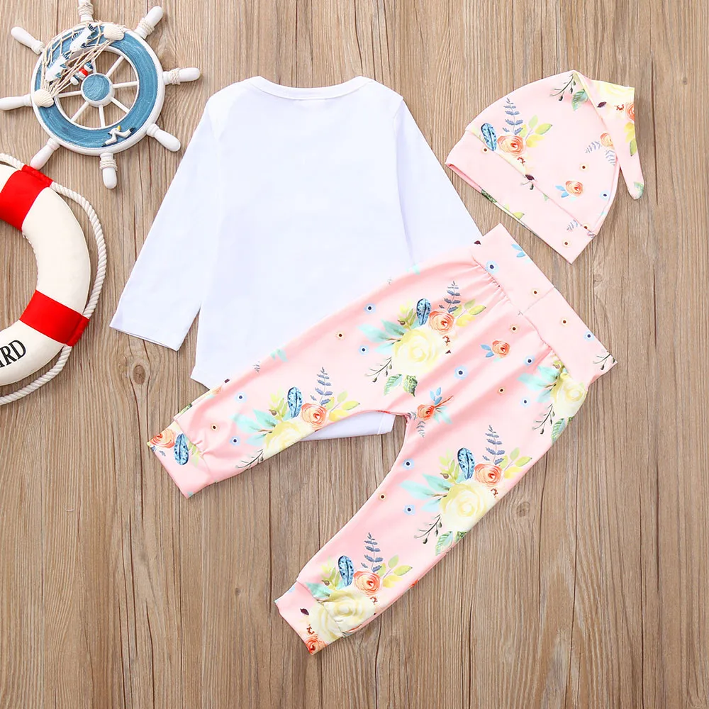 Fashion Newborn Infant Baby Girl Letter Romper Cotton O-Neck Tops Floral Pants Hat Outfits Set Clothes | Детская одежда и обувь