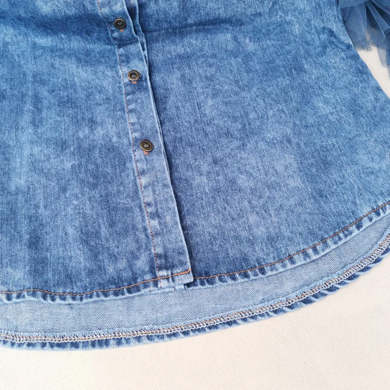 

2019 Summer Fashion Streetwear Ruffles Mesh Sleeve Patchwork Denim Blouse Women Bluasa Stylish Jean Shirt Tops