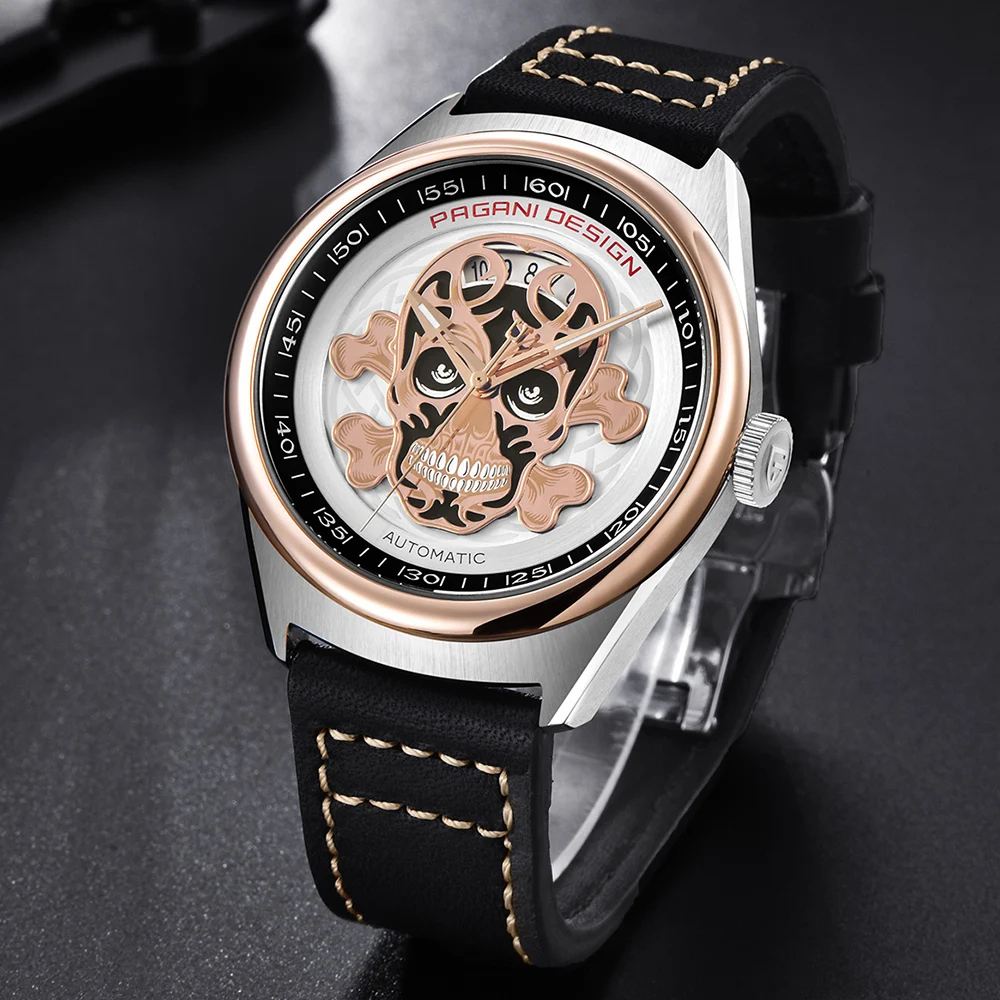 PAGANI DESIGN Brand Men's Classic 3D Skull Punk Style Mechanical Watches Waterproof 30M Genuine Leather Luxury Automatic Watch | Наручные