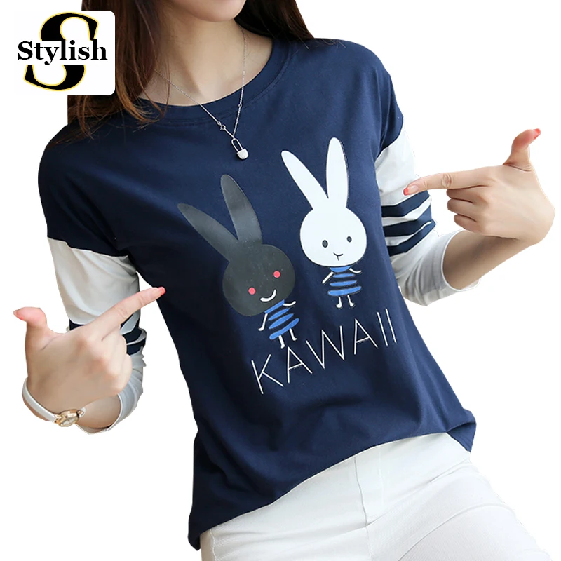 Женская футболка с длинным рукавом KAWAII Rabbit Повседневная надписью 2020 | одежда