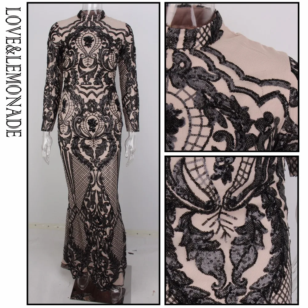 

LOVE & LEMONADE Black Collar Self-Cultivation Geometry Sequins Party Long Dress LM0921