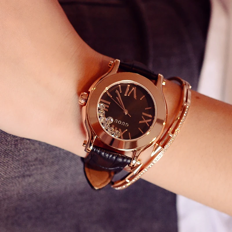 Guou Brand Luxury Rhinestone Women's Casual Leather Watches Fashion Diamond WristWatches Women Ladies Clock Bayan Kol Saati