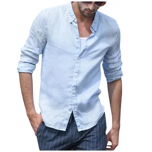 Мужская рубашка, Мужская винтажная однотонная льняная Однотонная рубашка с длинным рукавом, ретро Рубашки, Топы, блузки, рубашки, мужские повседневные Рубашки, Топы на каждый день