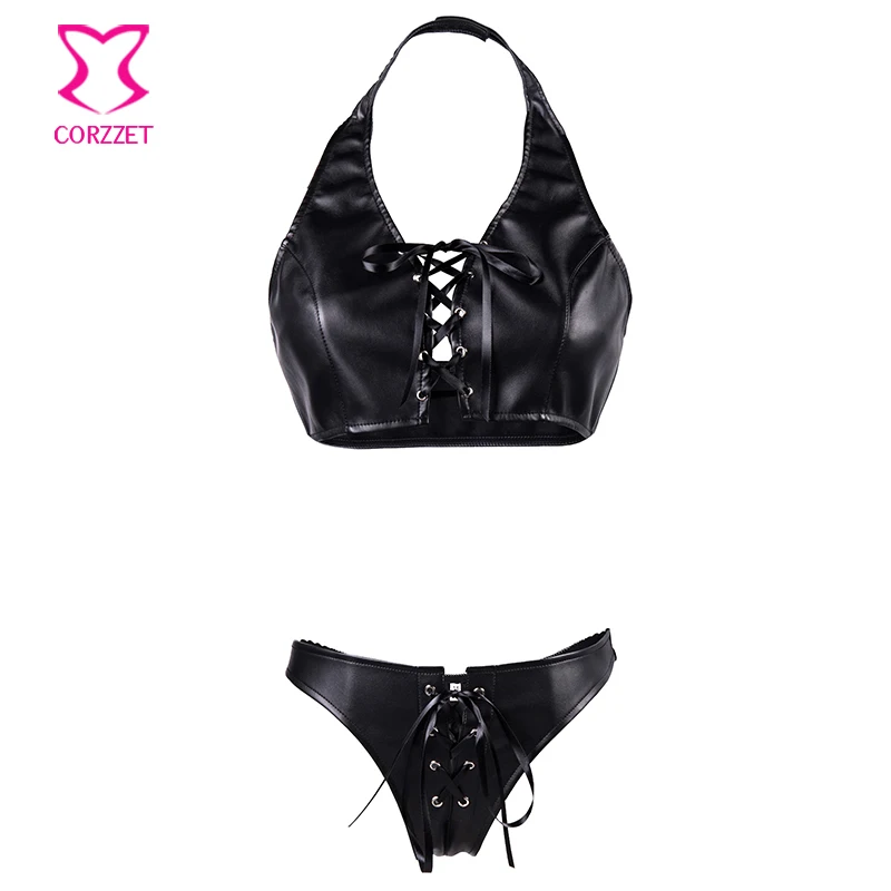 Женское нижнее белье из черной кожи с лямкой на шее со шнуровкой спереди