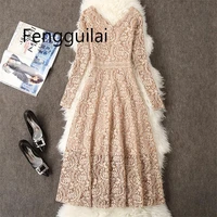 2019 autumn women long sleeve lace dress big size m 3xl dress elegant lady long v neck party dressess vestidos bottomings