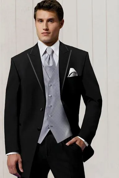 Hot sale Fashion Men's morning dress Gentleman Black Notch Lepal wedding suits groom wedding suit ( jacket+Pants+vest+tie)