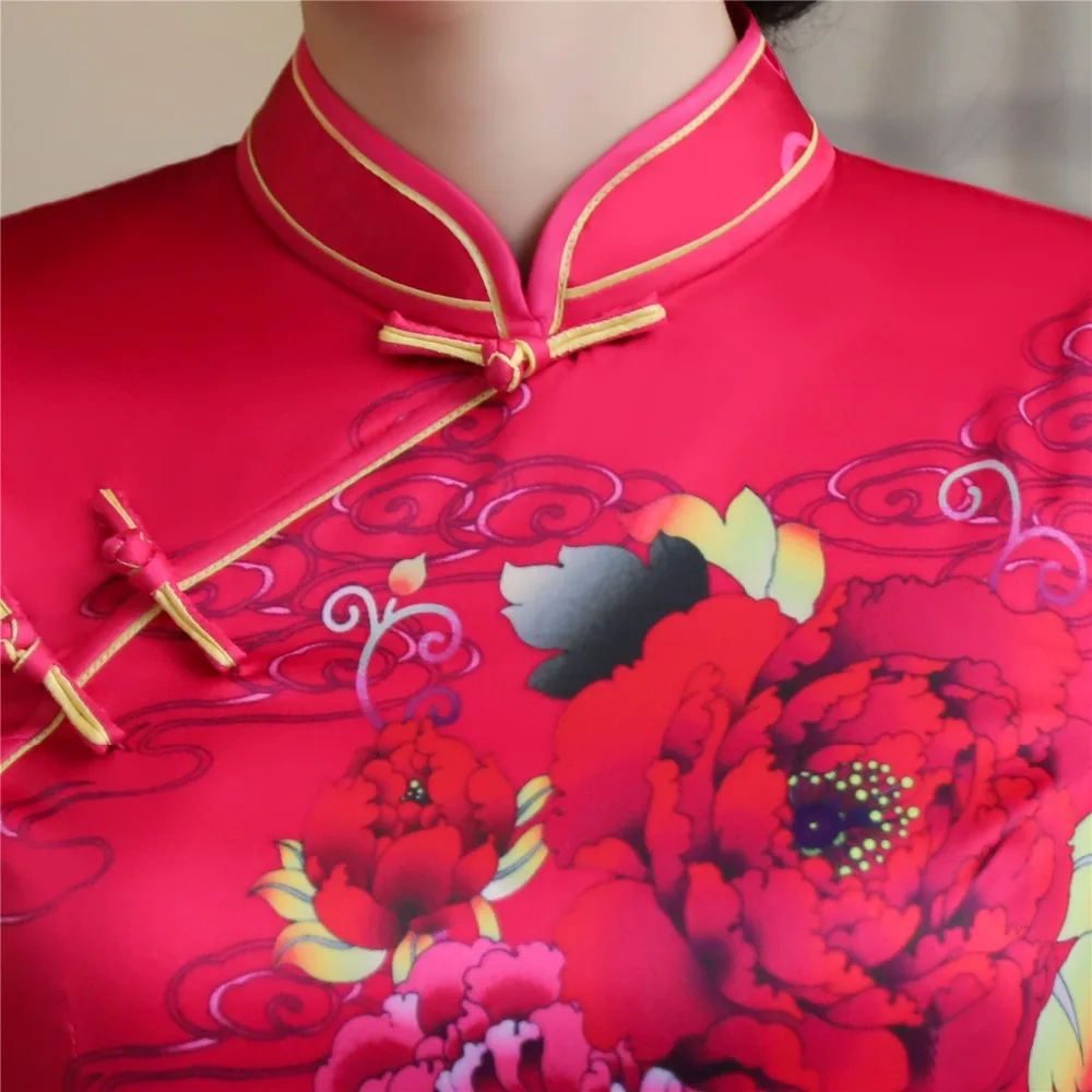 Шанхай история искусственного шелка Qipao Платье длинное Cheongsam национальный тренд платья короткий рукав тонкий Традиционный китайский платье для женщин