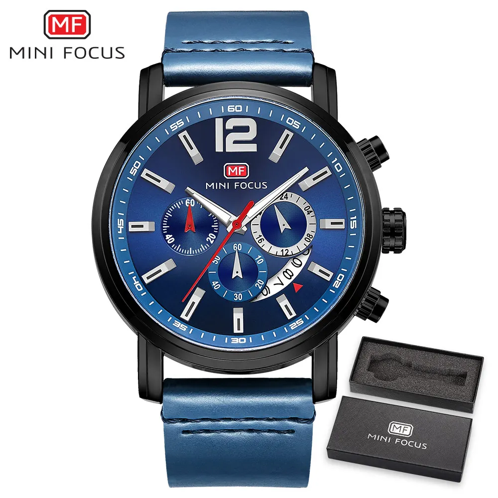 Black Blue Мини фокус люксовый бренд Мужские Аналоговые Кварцевые 24 часа дата часы мужские 3ATM водонепроницаемые часы мужские спортивные наручные часы с кожаным ремешком - Цвет: Black Blue