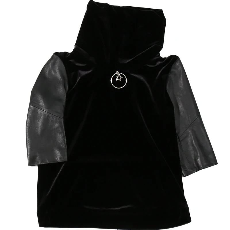 Женская рубашка из натуральной кожи черная блузка овчины с высоким вырезом и