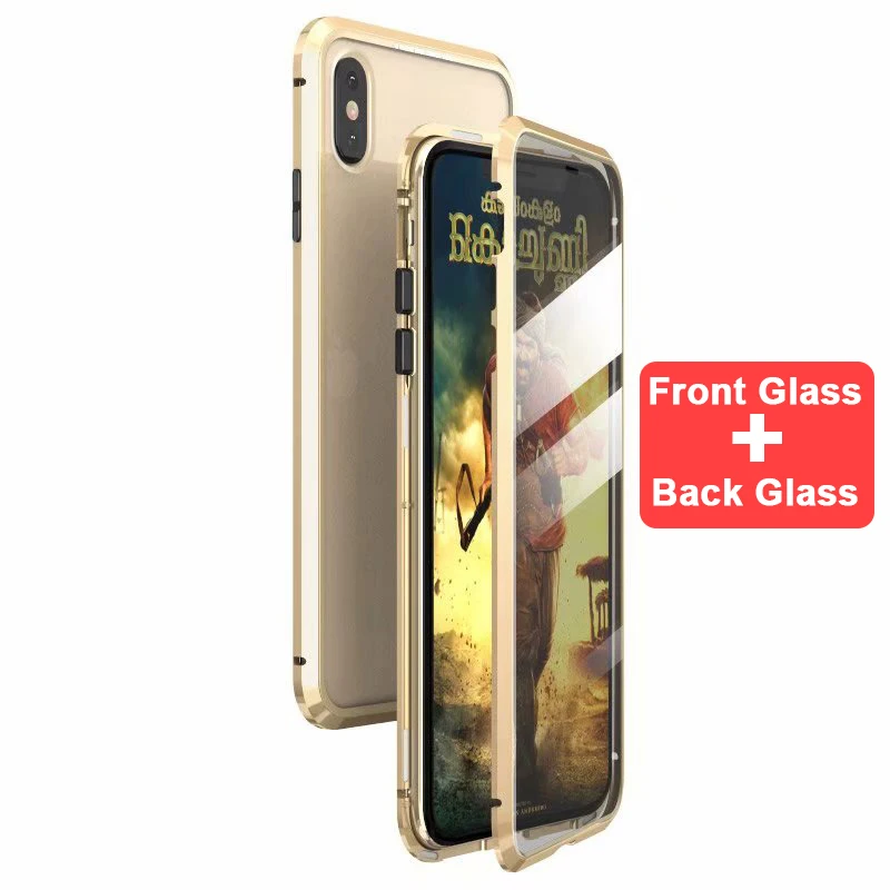 Двухсторонняя, для стекла Магнитный чехол для iPhone XS Max XR X 7 8 плюс Роскошный Металлический 360 градусов Полная защита чехол iPhone X S R - Цвет: Transparent Gold