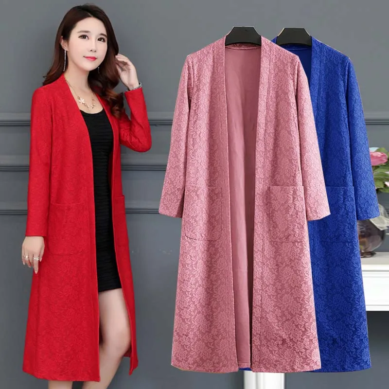 

Autumn new women's jacket spring fashion long cardigan lace jacket dignified atmosphere large size XL-5XL windbreaker
