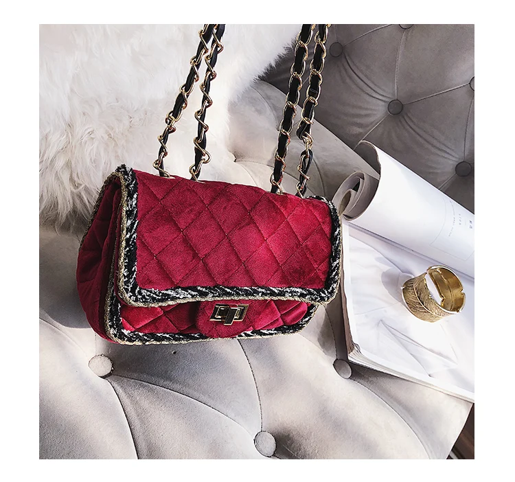 KYYSLO бархатная маленькая ароматическая цепь из ромбов женская сумка Корейская версия дикая модная сумка через плечо
