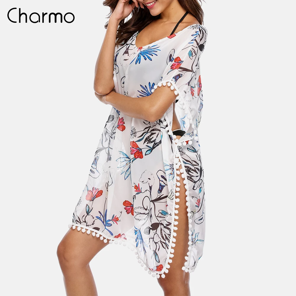 Charmo женская накидка Пляжная кафтан бикини шифоновая с кисточками и цветами
