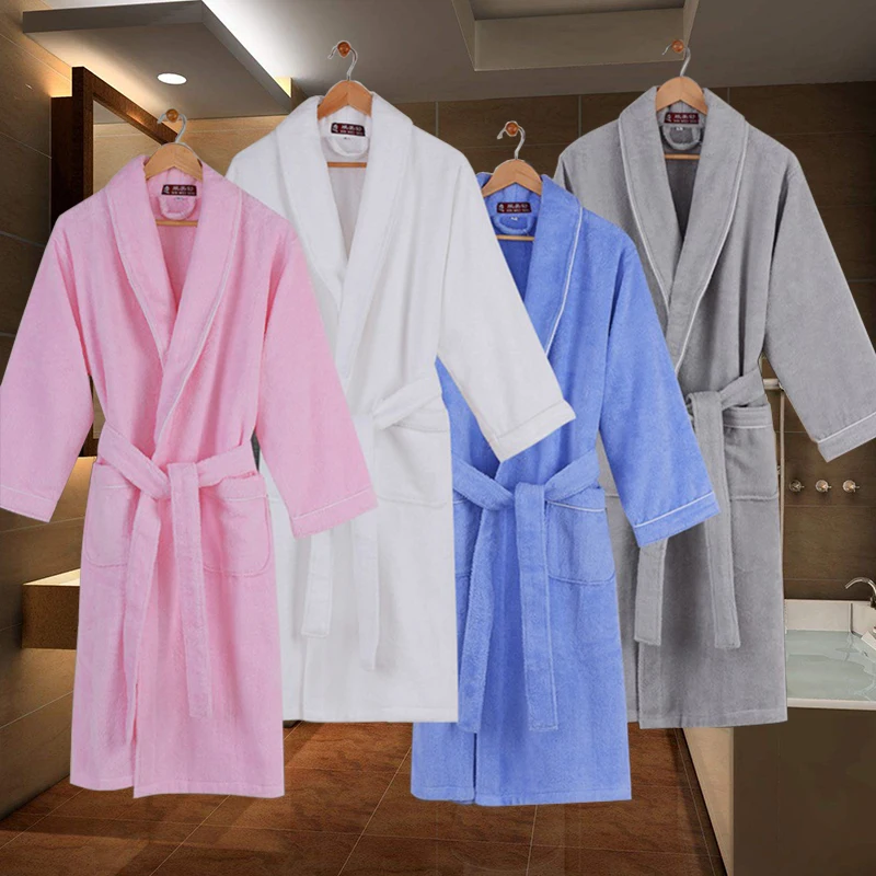 

Cotton Women Bathrobe Towel Fleece Winter Pajamas Sleepwear Nightgown Men Thicken Lovers long soft kimono bath robe white pink