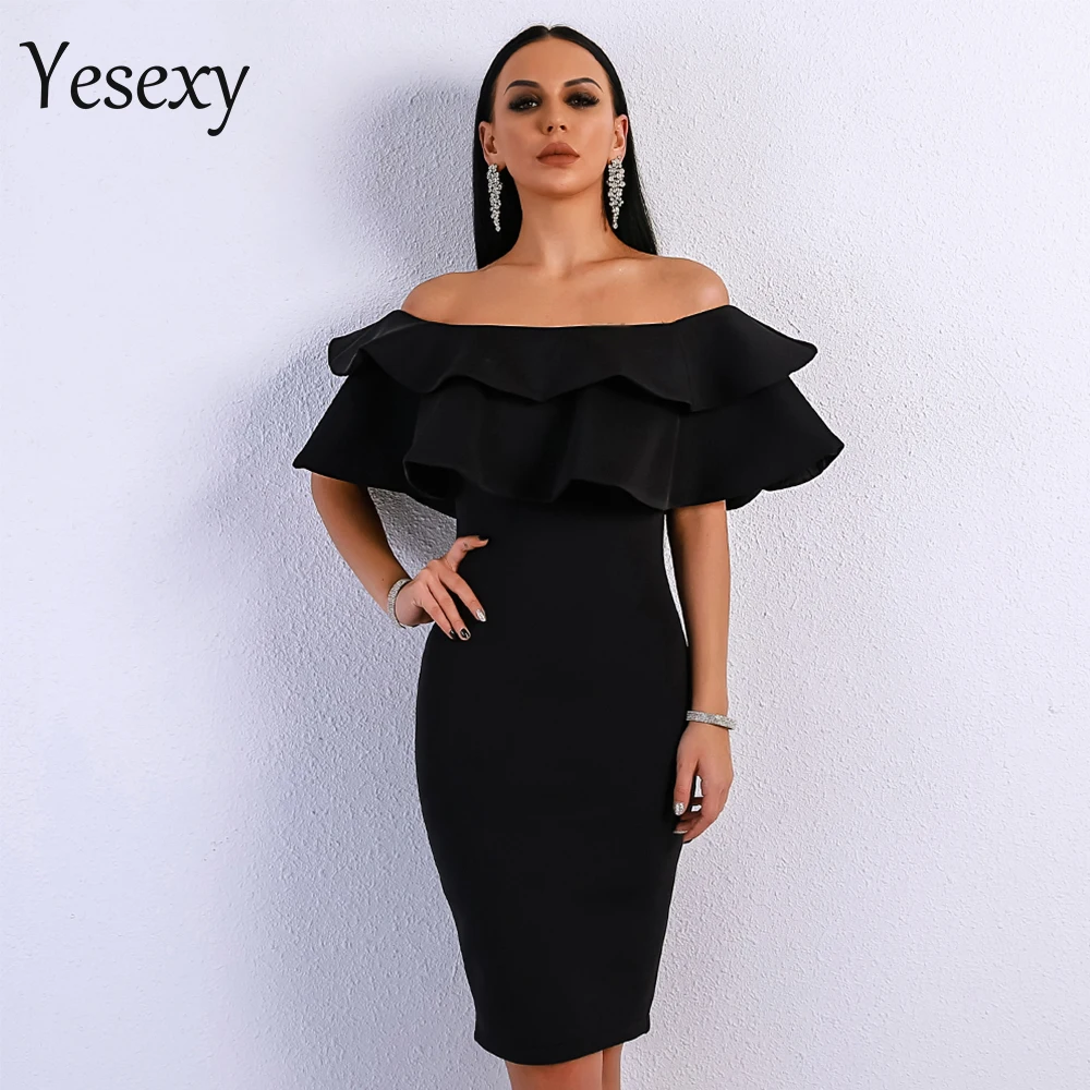 

Yesexy Sexy Slash Neck Elegant Female Midi Dress Ruffles Solid Color Autumn Women Off Shoulder Party Dress Vestidos VR9076-1