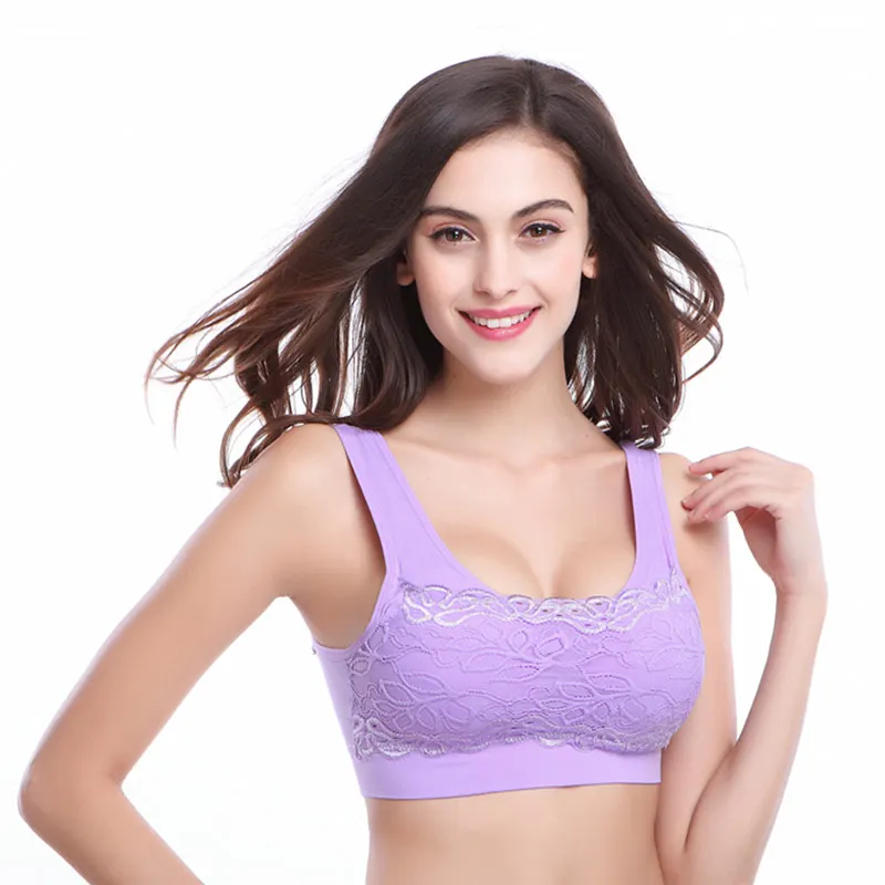 Purple Thunshion, женский кружевной спортивный бюстгальтер, дышащий, Широкие бретельки, спортивный бюстгальтер для бега, йоги, тренажерного зала с u-дизайном - Цвет: Purple