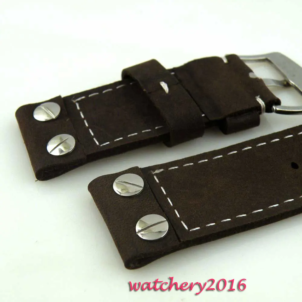 

28mm Black cow heavy strap leather Watch white Stitches fit Men's military