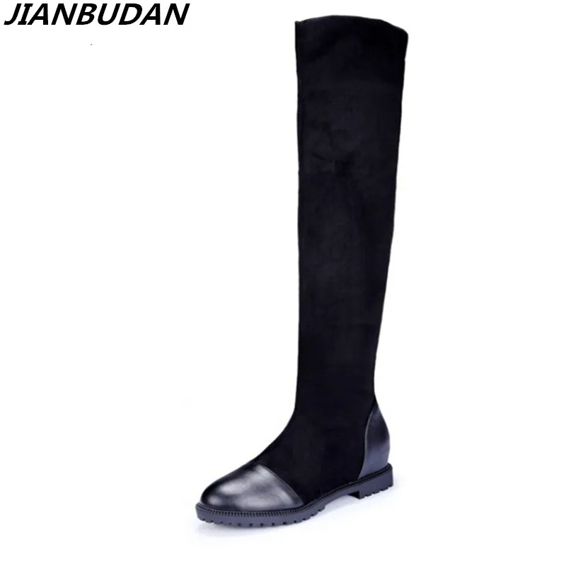 

JIANBUDAN Flat heel Autumn Flock Leather High boots Winter Fashion Women's Thigh boots Plush Black Over Knee Boots Size 35-43