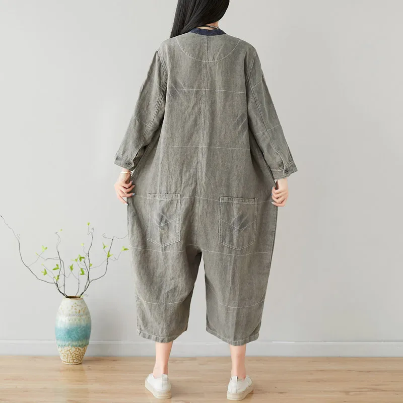 

Summer new round neck seven points large size was thin jumpsuit cotton and linen Playsuits M53