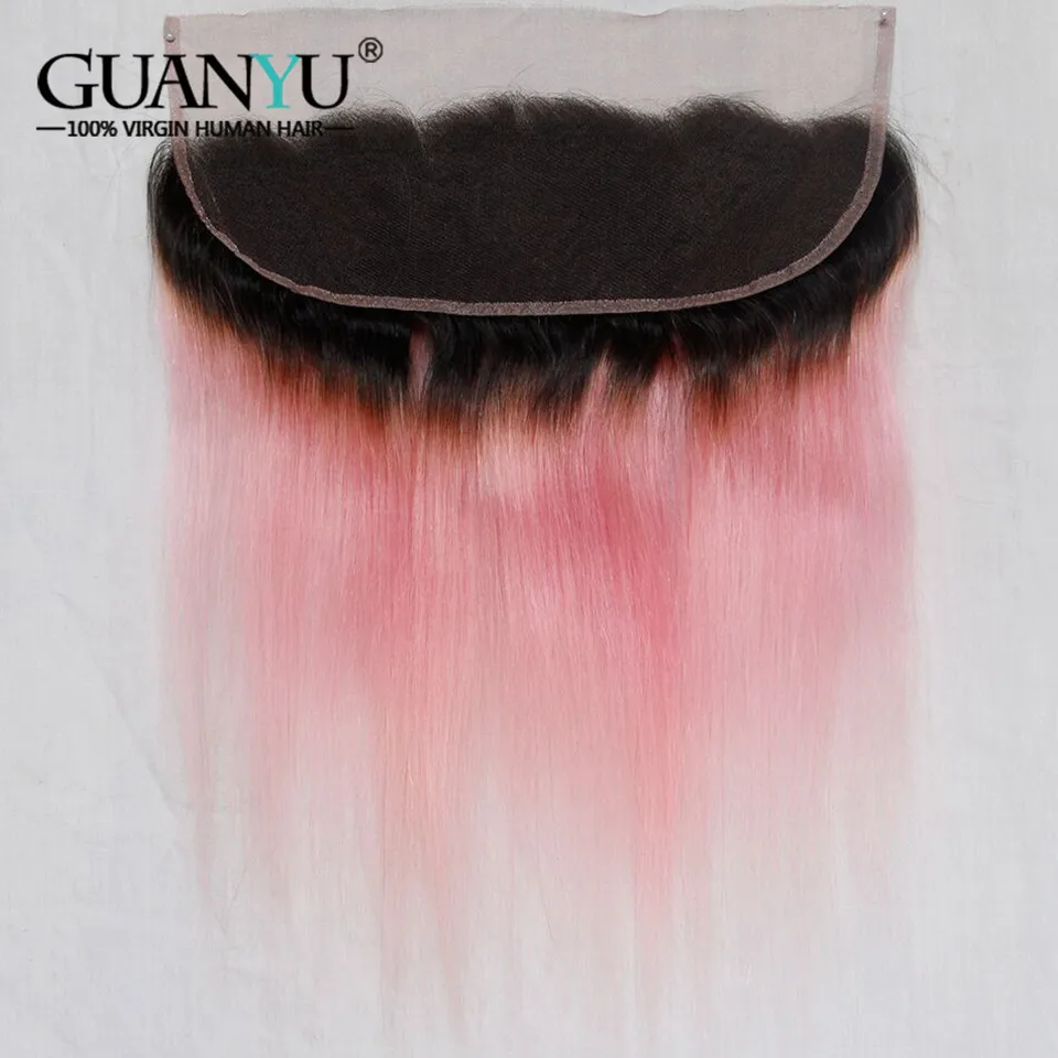 Guanyuhair# 1B/розовый прядь волос с покраской Омбре 3 Связки с 13x4 кружева Фронтальная застежка уха до уха Бразильский прямые волосы Remy человеческие волосы