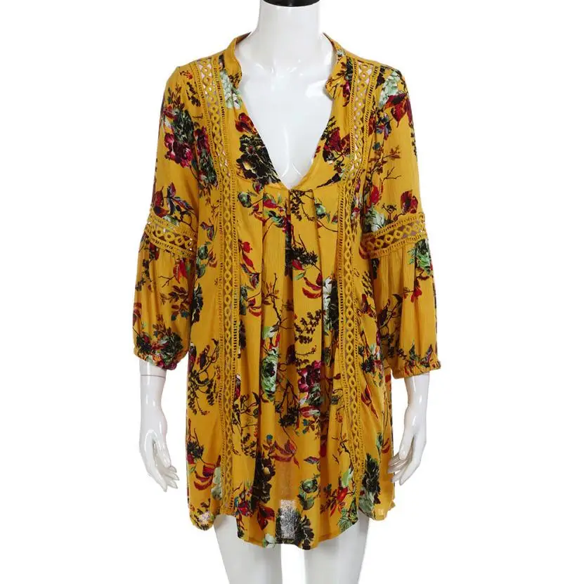 2019 модное Повседневное платье с длинным рукавом Boho Цветочный принт мини женское v
