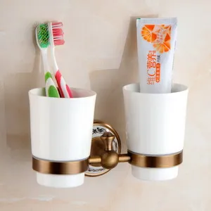 double cup holder Античный Матовый Твердый латунный набор аксессуаров для ванной комнаты, Европейский фарфор, аксессуары для ванной комнаты, наборы керамических Ретро товаров для ванной - Цвет: double cup holder
