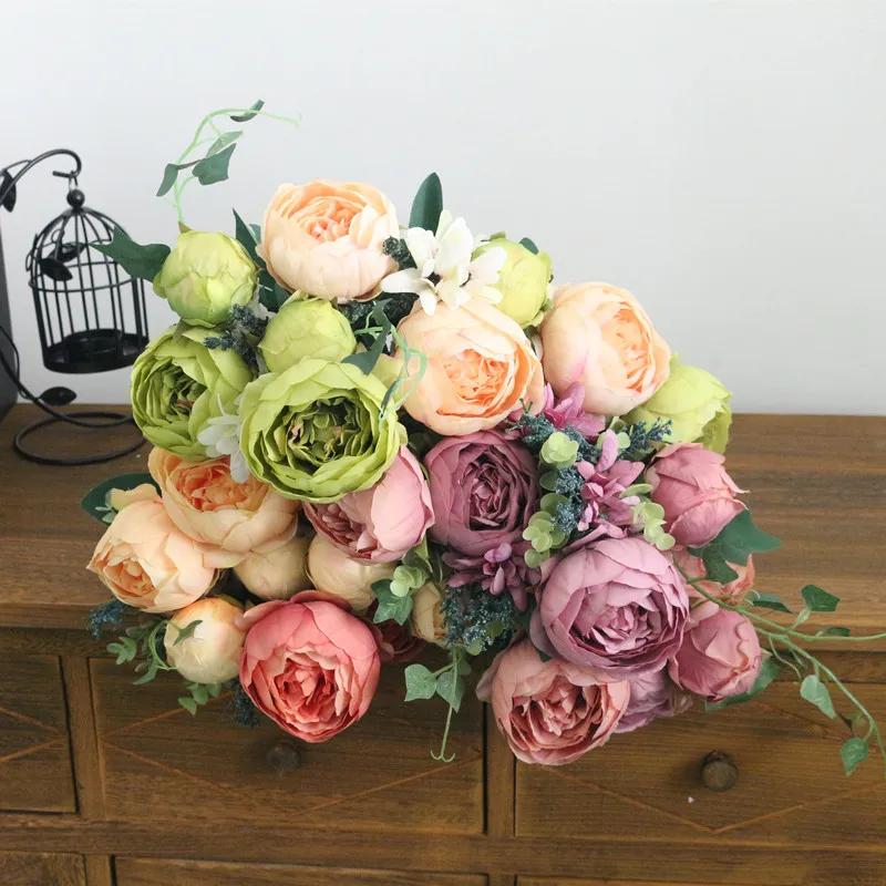 Flone Hight Quality Silk Flower European Peony Bouquet Artificial Flowers Fake Leaf Wedding Home Party Decoration | Дом и сад