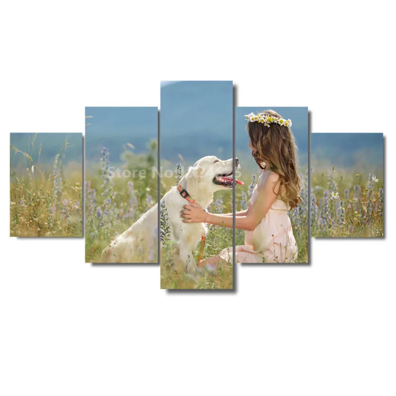 Prints Sweet Girl And Lovely Dog Canvas Painting 5 Pieces Cuadros Decoracion Landscape Wall Art Home Decor Unframed | Дом и сад