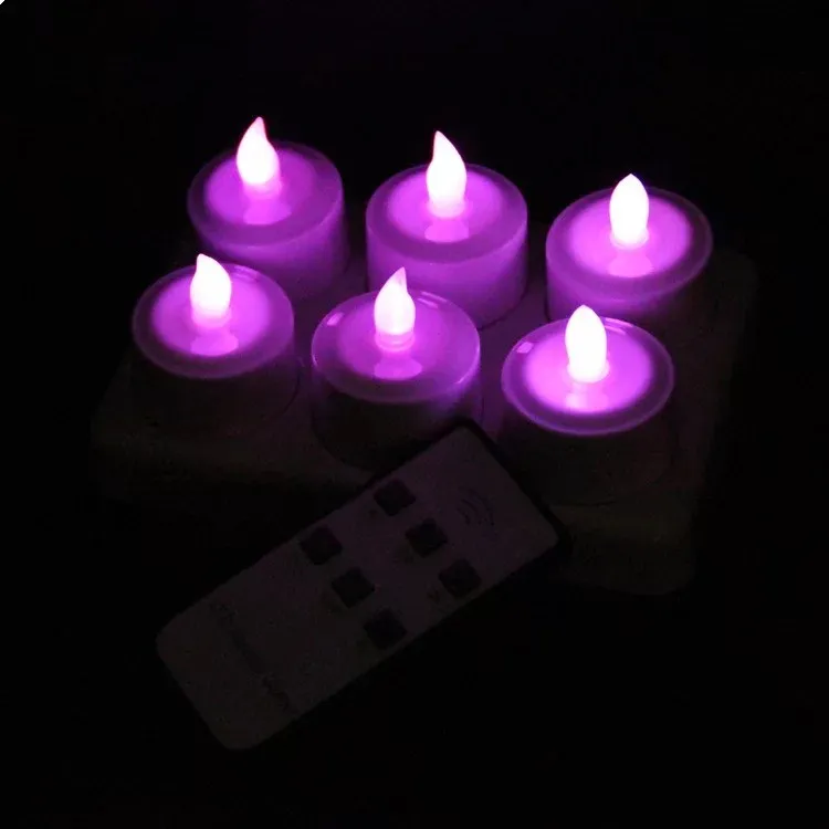 PURPLE Набор из 6 шт. светодиодный лампы в форме свечи пульт дистанционного управления светодиодный мерцающий матовый перезаряжаемые Чайные свечи электронная лампа хорошее f/Свадебный дом-теплый белый - Цвет: PURPLE