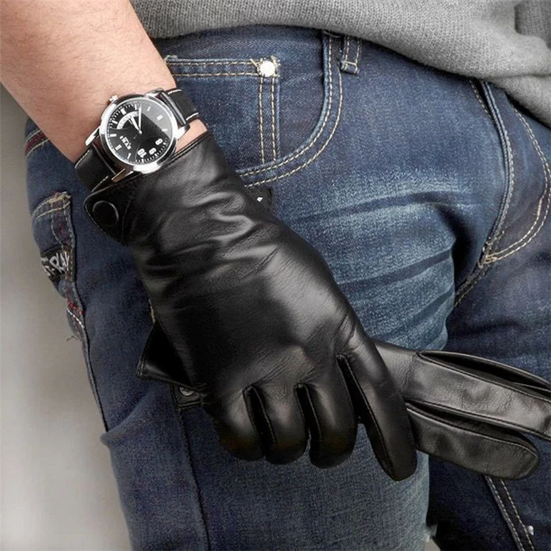 

2018 Fashion Men Leather Gloves Winte Warm Solid Black Wrist Real Genuine Sheepskin Glove r Driving Time-limited M001NC-5