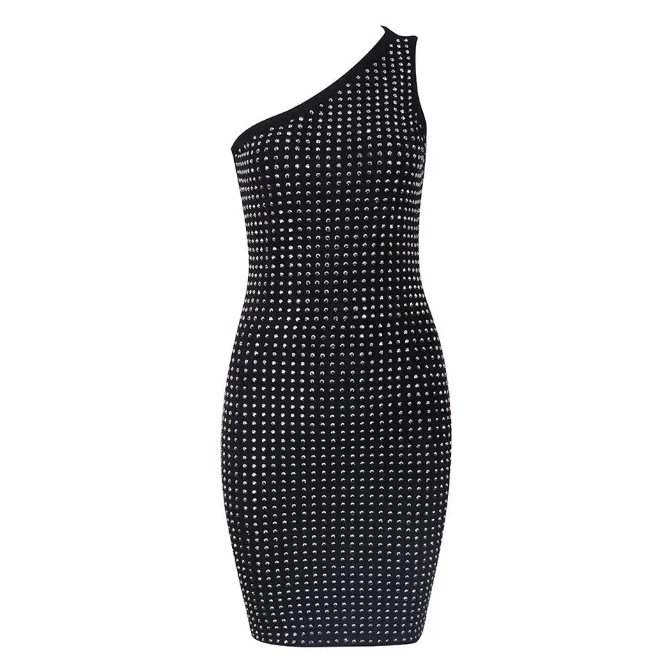Самое новое летнее платье для вечеринок знаменитостей Bodycon для женщин Черное без рукавов Одно плечо Бриллианты Сексуальное ночное клубное платье.