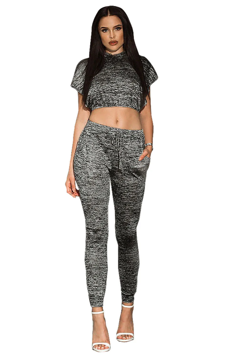sexy Sweatshirt Pants Tracksuit Sweat Suits Woman's clothing Hoodies Charcoal Gray Marled Slit Hoddies Crop Top Pant Set 62012 |
